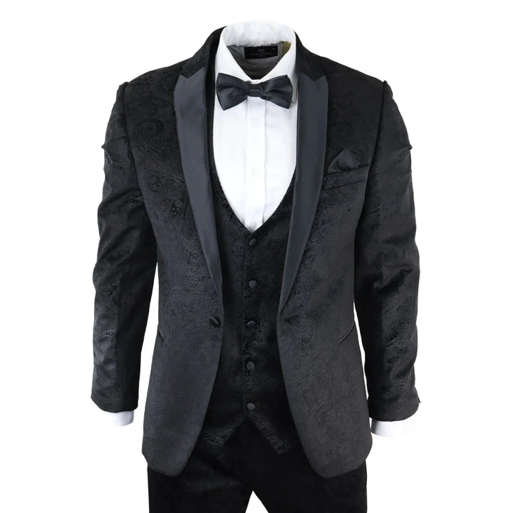 Mens Marc Darcy Velvet Paisley Black Fit 3 Piece Suit Tuxedo Dinner Jacket Wedding