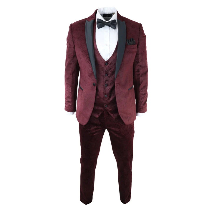 Mens Marc Darcy Velvet Paisley Burgundy Fit 3 Piece Suit Tuxedo Dinner Jacket Wedding