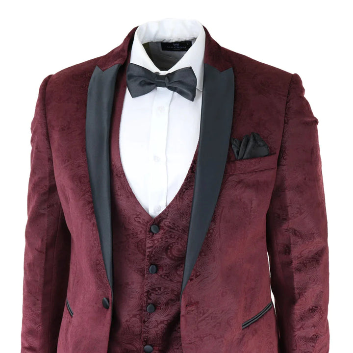 Mens Marc Darcy Velvet Paisley Burgundy Fit 3 Piece Suit Tuxedo Dinner Jacket Wedding