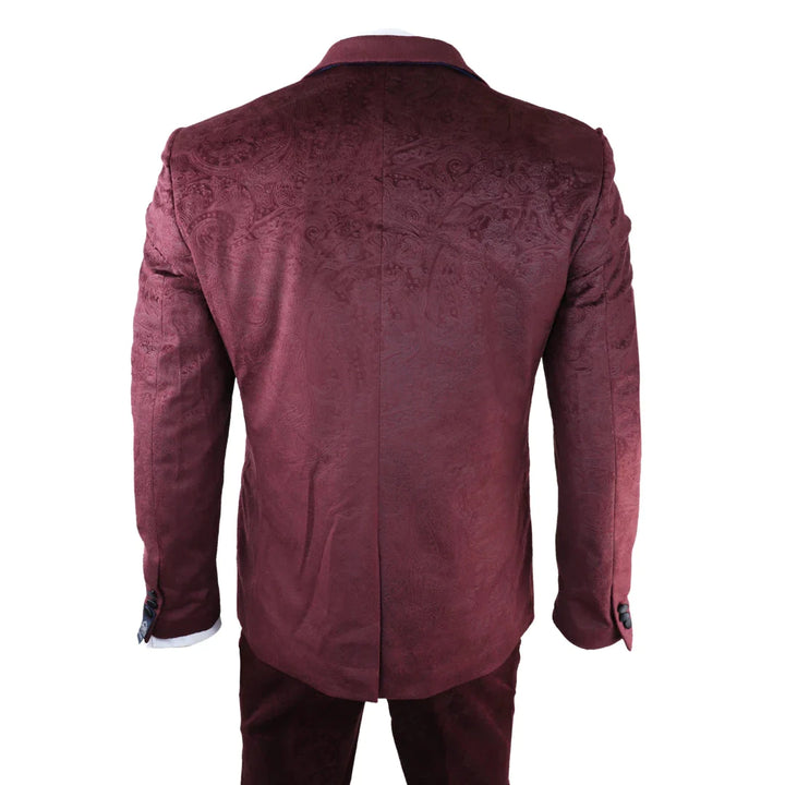 Mens Marc Darcy Velvet Paisley Burgundy Fit 3 Piece Suit Tuxedo Dinner Jacket Wedding