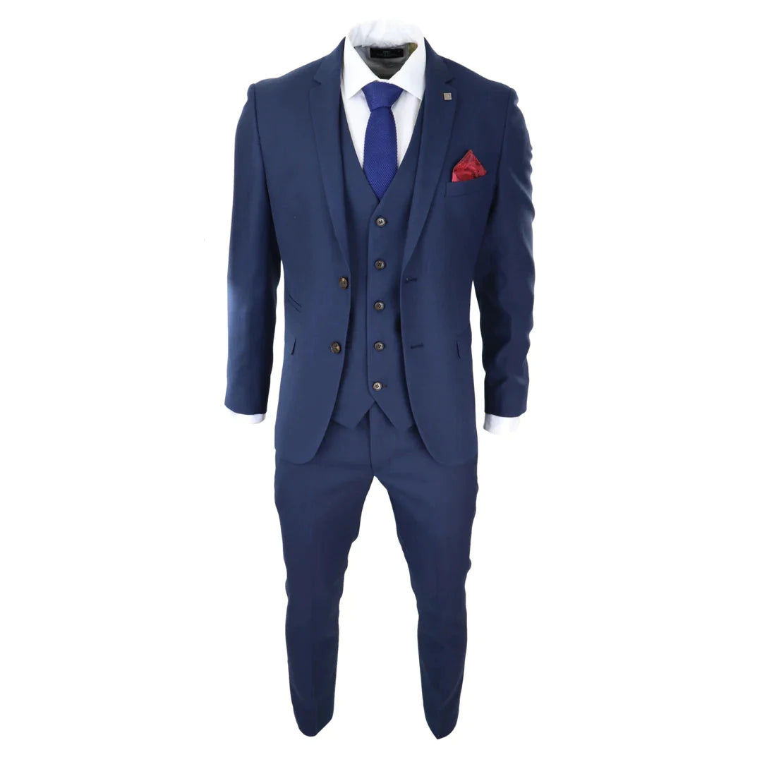 Mens Navy 3 Piece Suit Tailored Fit Smart Formal Classic Wedding Retro Vintage