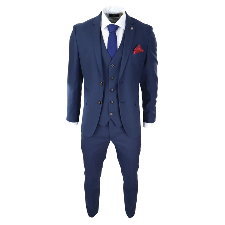 Mens Navy 3 Piece Suit Tailored Fit Smart Formal Classic Wedding Retro Vintage