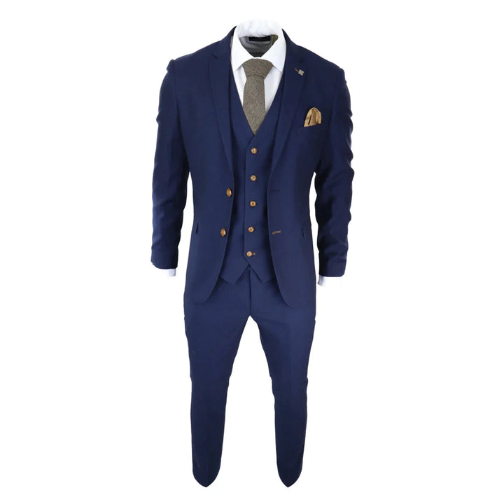 Mens Navy 3 Piece Suit Brown Trim Classic Birdseye Vintage Wedding Grooms