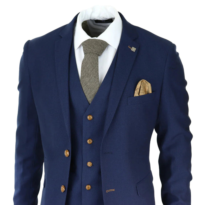 Mens Navy 3 Piece Suit Brown Trim Classic Birdseye Vintage Wedding Grooms
