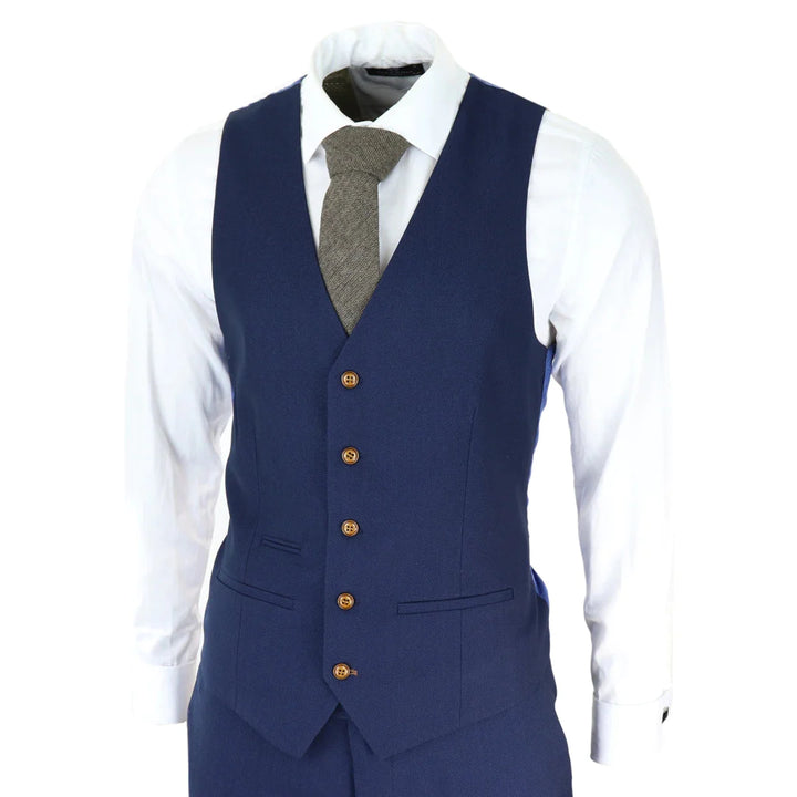 Mens Navy 3 Piece Suit Brown Trim Classic Birdseye Vintage Wedding Grooms