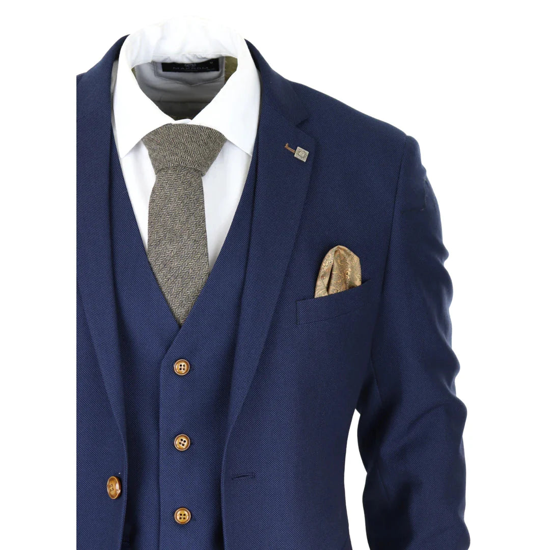 Mens Navy 3 Piece Suit Brown Trim Classic Birdseye Vintage Wedding Grooms