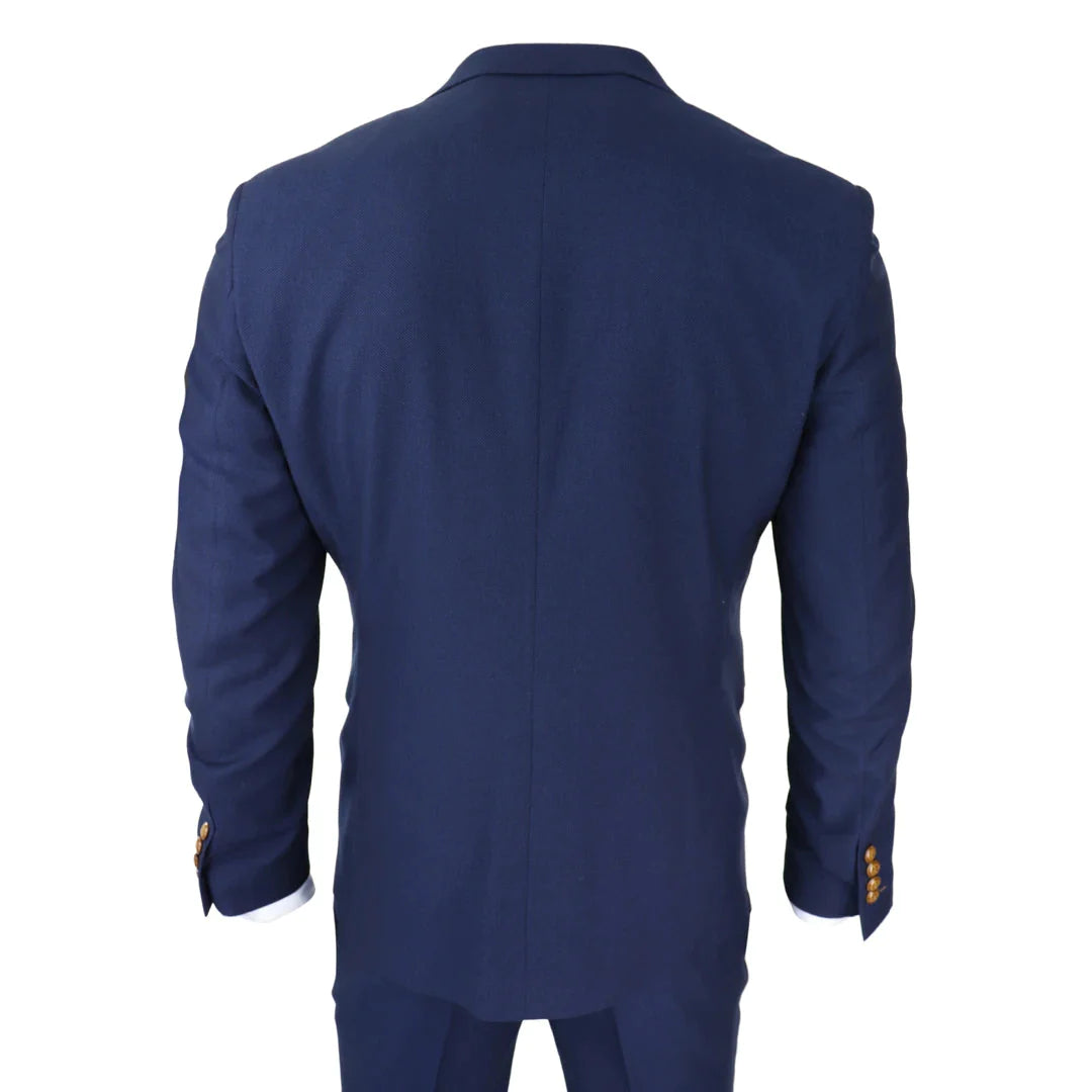 Mens Navy 3 Piece Suit Brown Trim Classic Birdseye Vintage Wedding Grooms