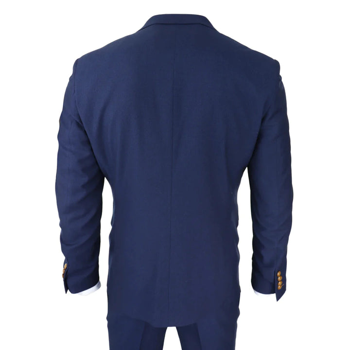 Mens Navy 3 Piece Suit Brown Trim Classic Birdseye Vintage Wedding Grooms
