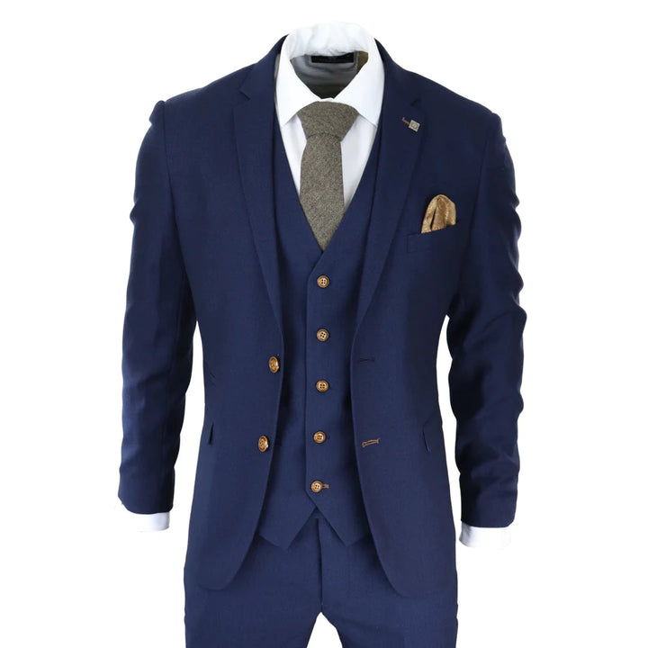 Mens Navy 3 Piece Suit Brown Trim Classic Birdseye Vintage Wedding Grooms