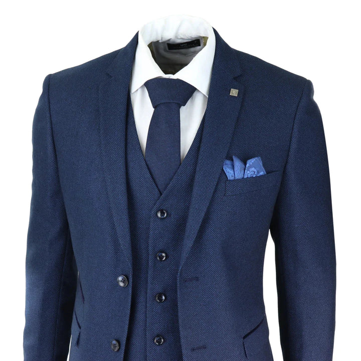 Paul Andrew - Mens Navy Blue 3 Piece Birdseye Suit