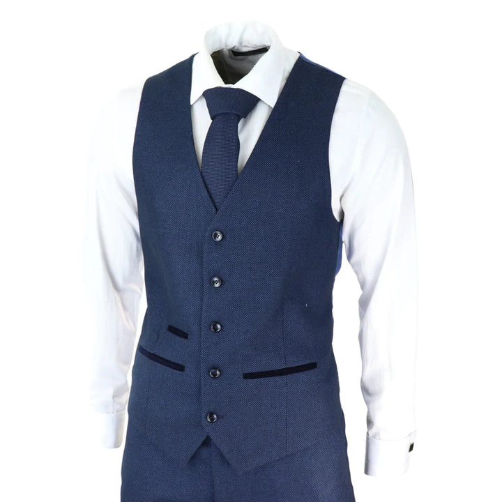 Paul Andrew - Mens Navy Blue 3 Piece Birdseye Suit