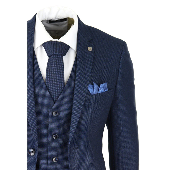 Paul Andrew - Mens Navy Blue 3 Piece Birdseye Suit