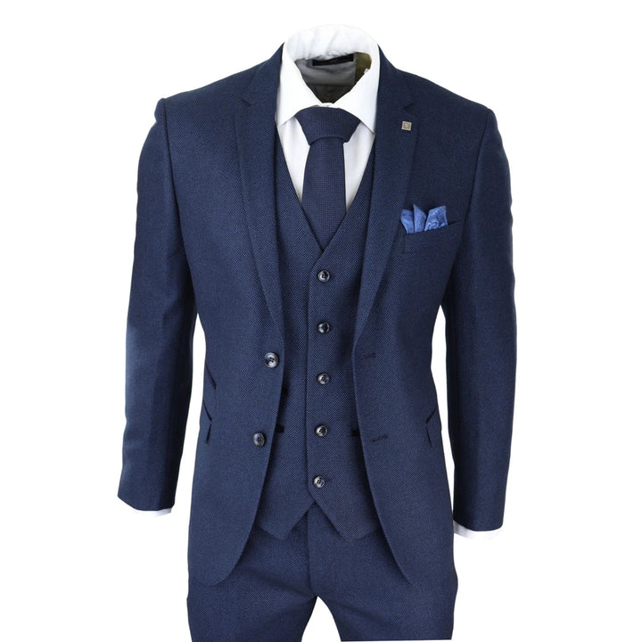 Paul Andrew - Mens Navy Blue 3 Piece Birdseye Suit