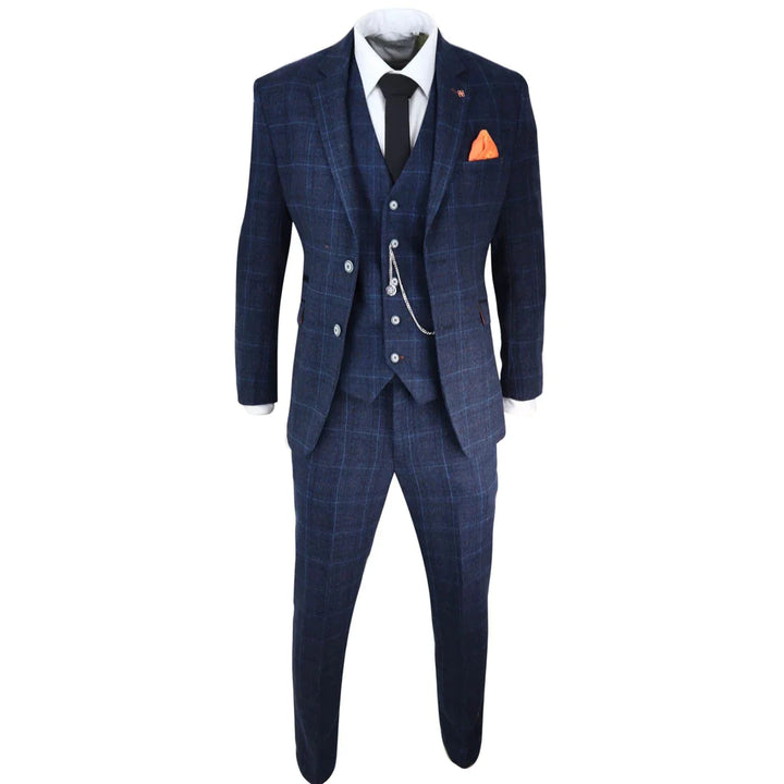 Cavani - Mens Navy Blue Check 3 Piece Suit