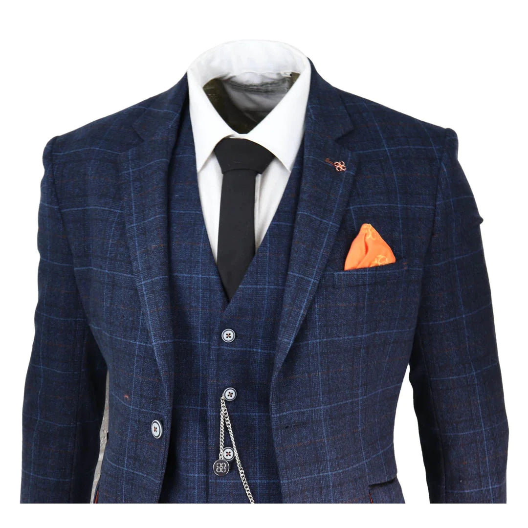 Cavani - Mens Navy Blue Check 3 Piece Suit