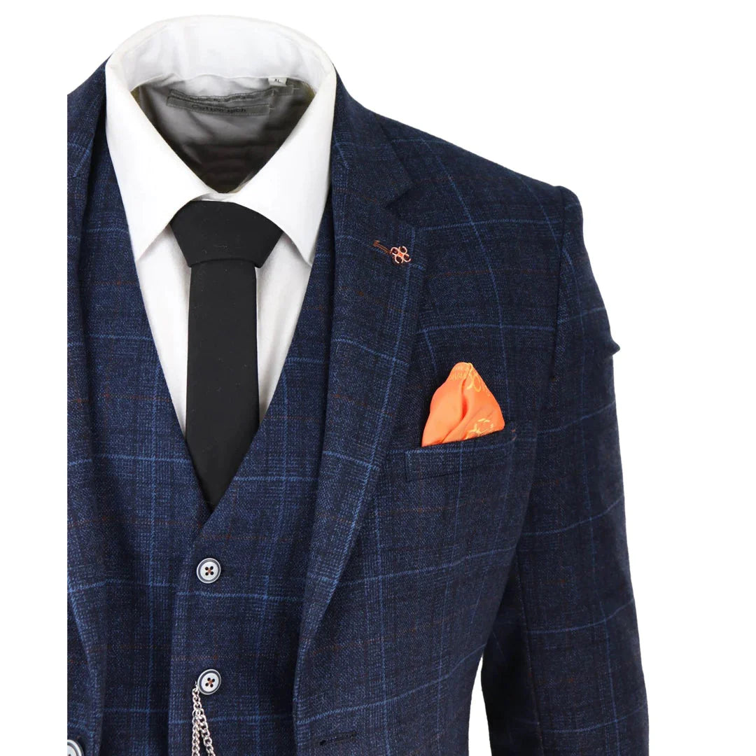 Cavani - Mens Navy Blue Check 3 Piece Suit