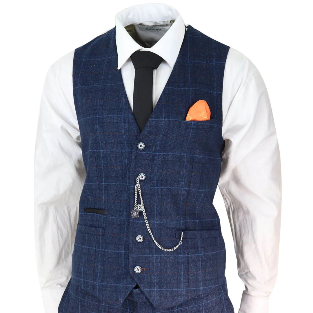 Cavani - Mens Navy Blue Check 3 Piece Suit