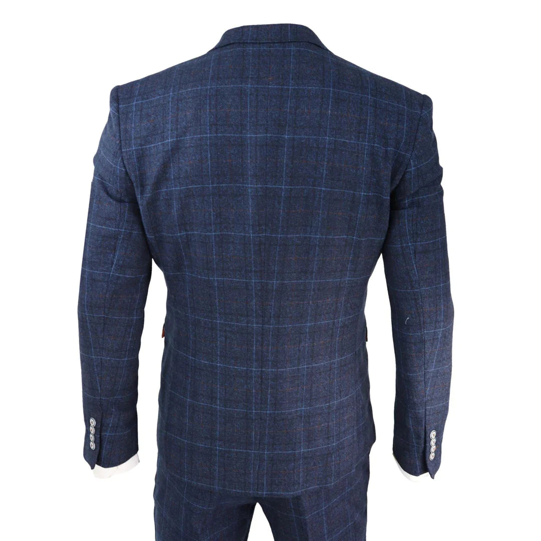 Cavani - Mens Navy Blue Check 3 Piece Suit