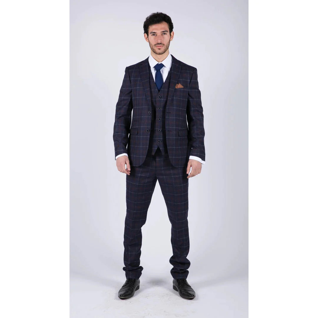 Mens Navy-Blue Check 3 Piece Suit - Paul Andrew Kenneth