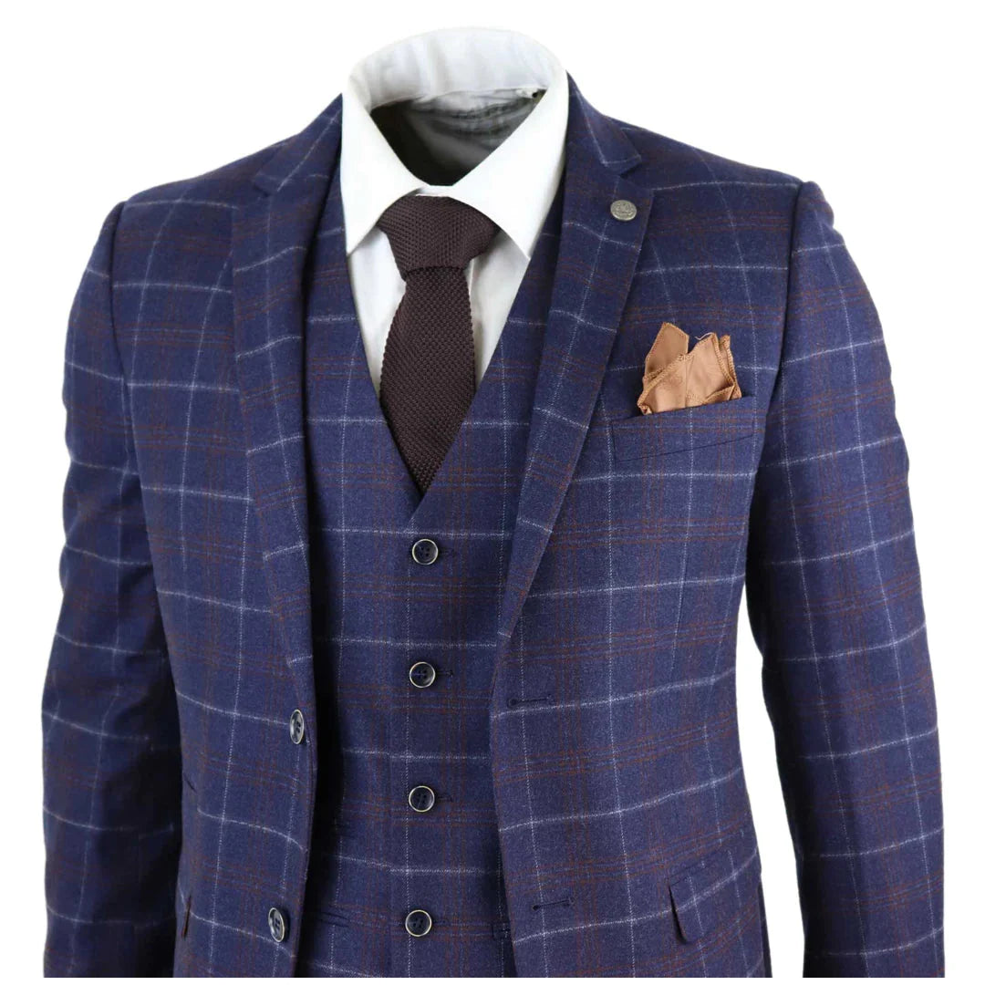 Mens Navy-Blue Check 3 Piece Suit - Paul Andrew Kenneth