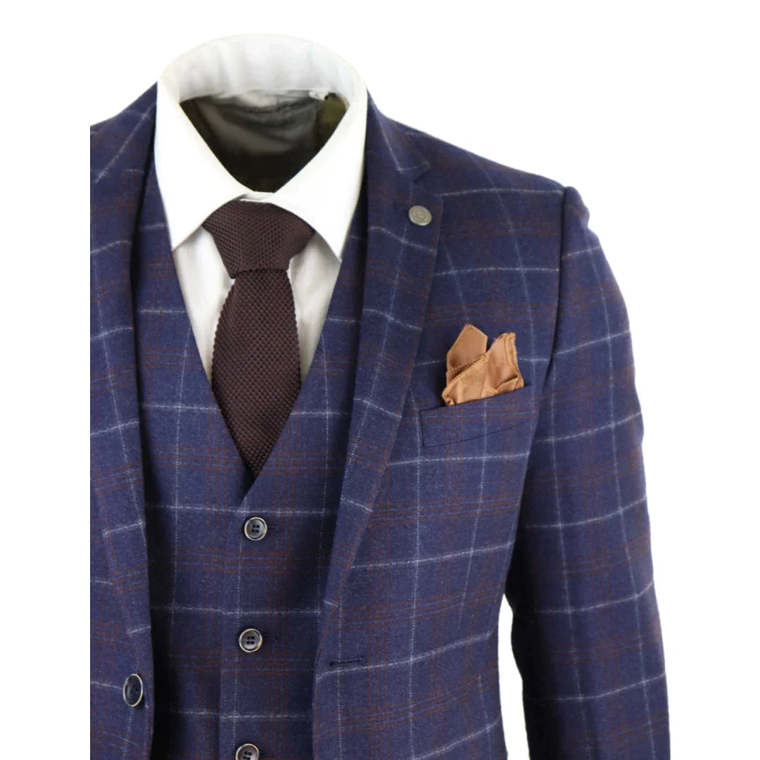 Mens Navy-Blue Check 3 Piece Suit - Paul Andrew Kenneth