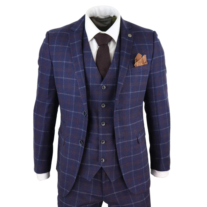 Mens Navy-Blue Check 3 Piece Suit - Paul Andrew Kenneth