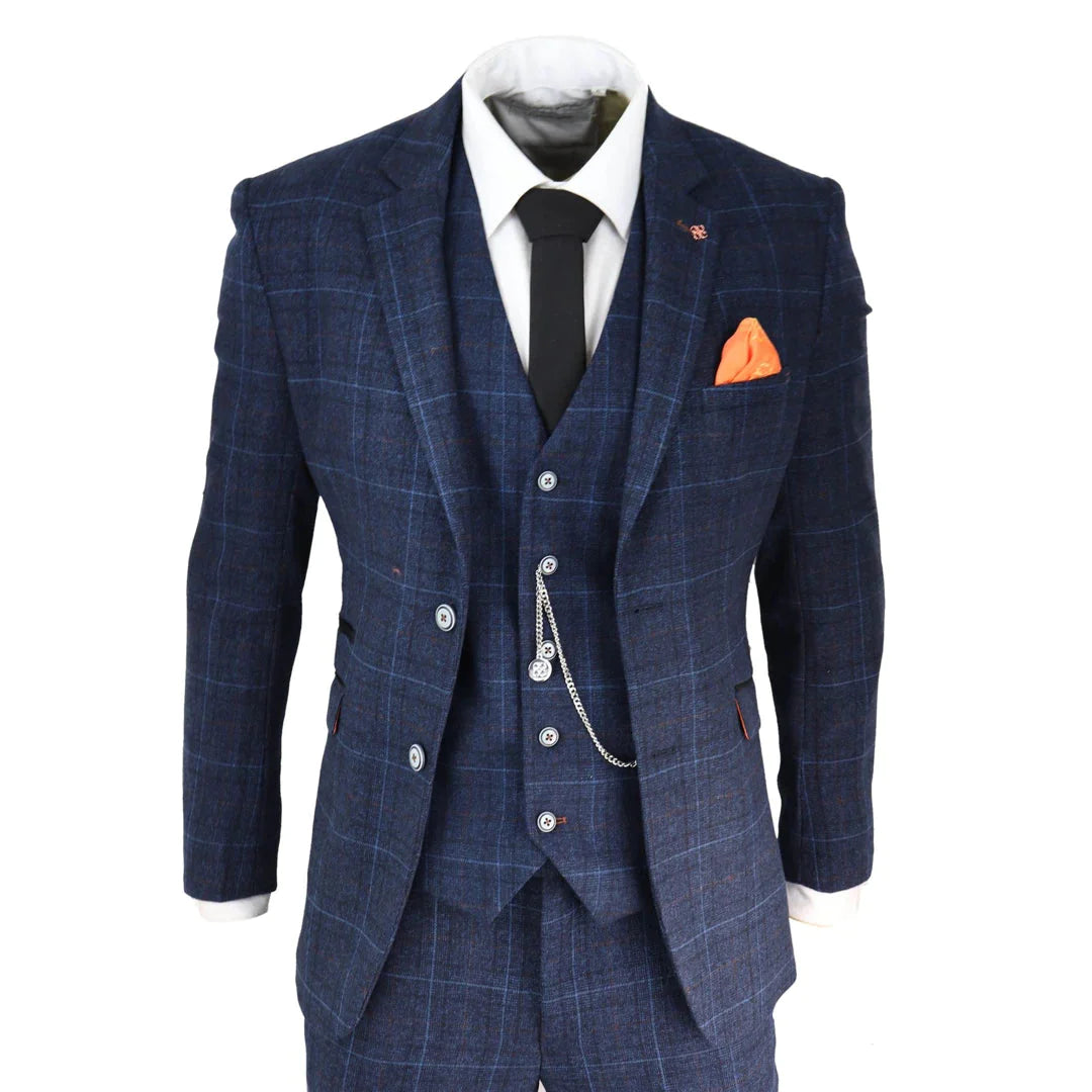 Cavani - Mens Navy Blue Check 3 Piece Suit