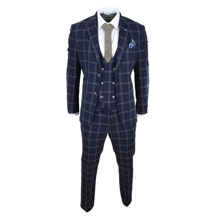 Cavani - 3 Piece Hardy Navy Checked Suit (Double Breasted Waistcoat)