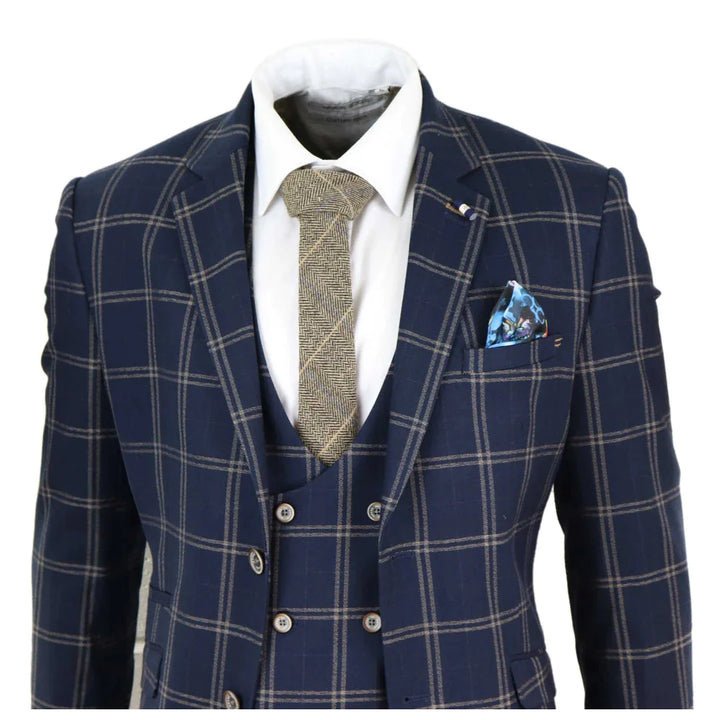 Cavani - 3 Piece Hardy Navy Checked Suit (Double Breasted Waistcoat)