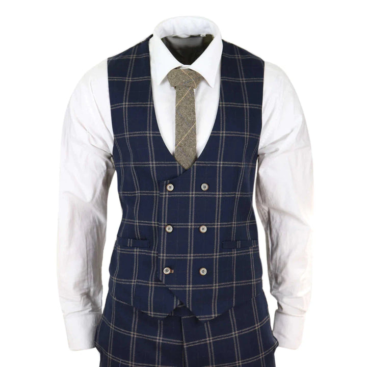 Cavani - 3 Piece Hardy Navy Checked Suit (Double Breasted Waistcoat)