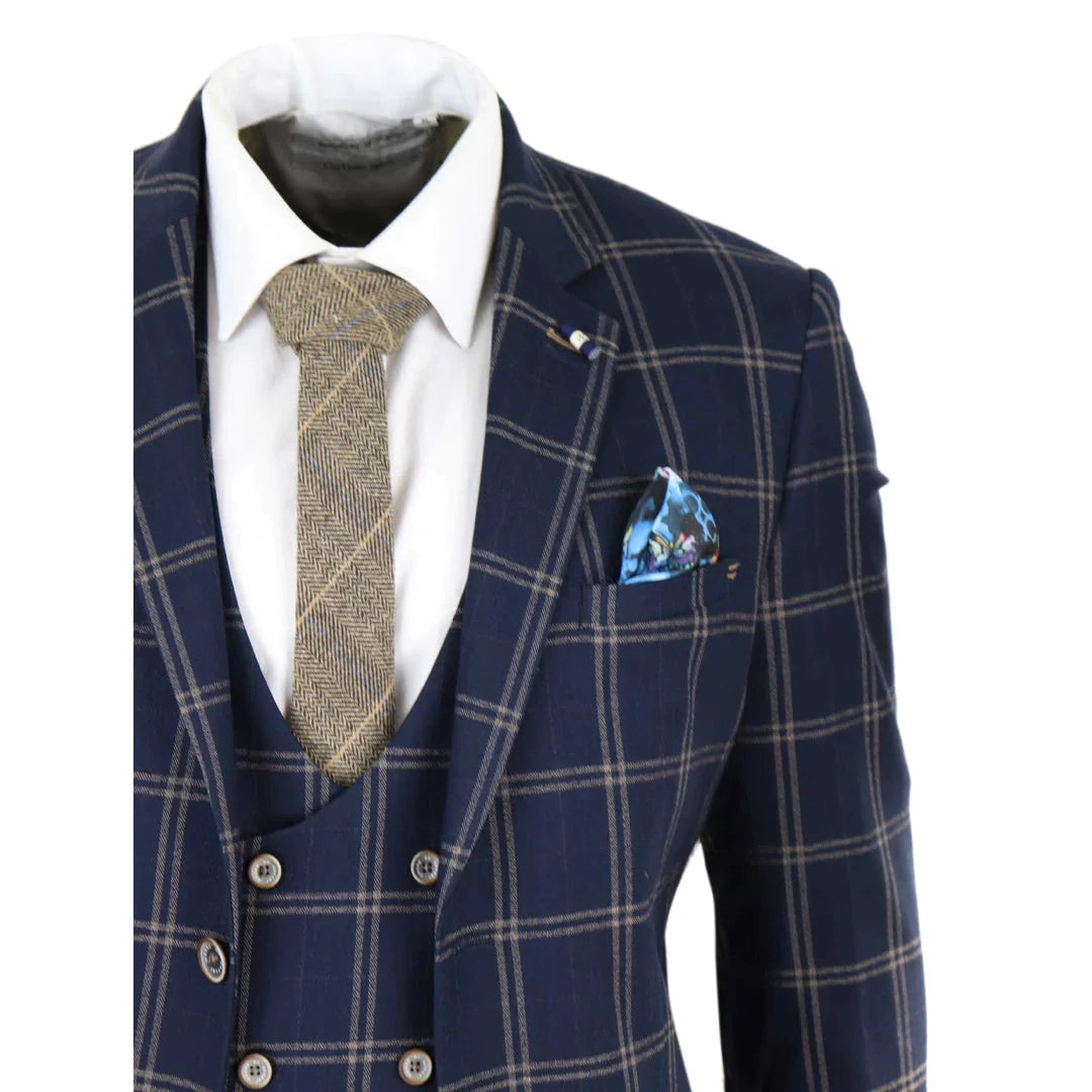 Cavani - 3 Piece Hardy Navy Checked Suit (Double Breasted Waistcoat)