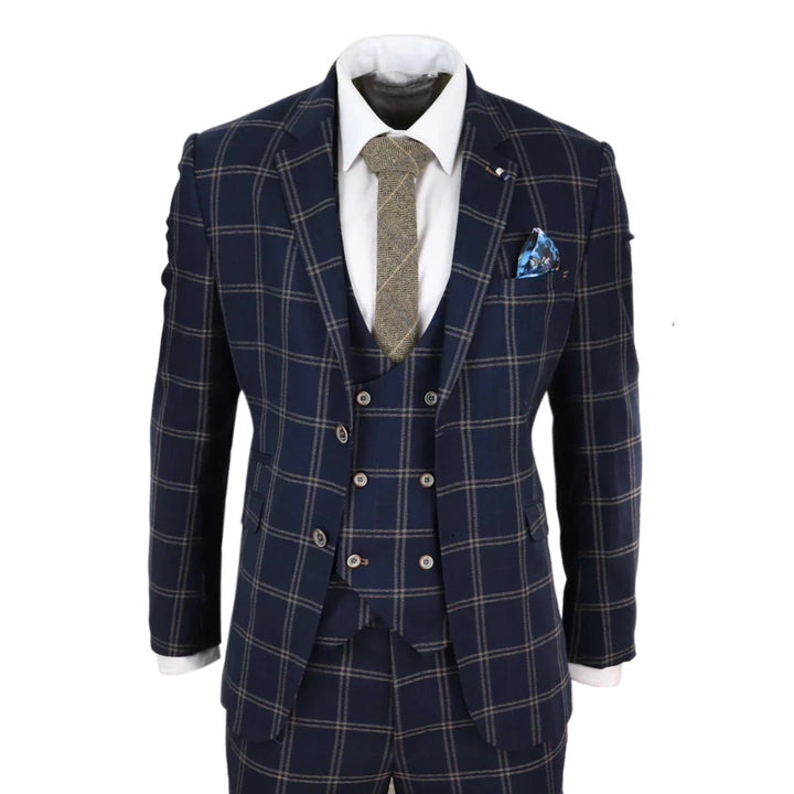 Cavani - 3 Piece Hardy Navy Checked Suit (Double Breasted Waistcoat)