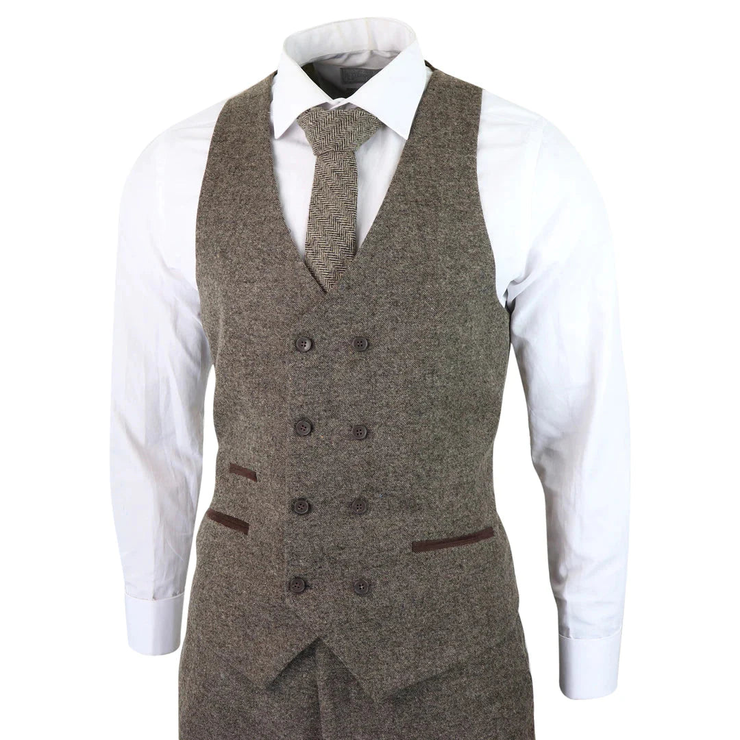 Mens Oak Brown 3 Piece Suit With Double Breasted Waistcoat