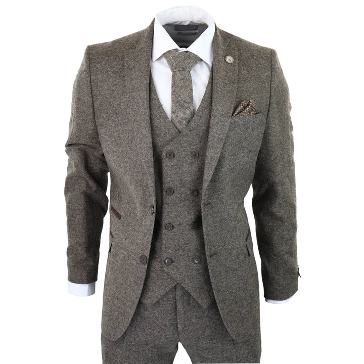 Mens Oak Brown 3 Piece Suit With Double Breasted Waistcoat