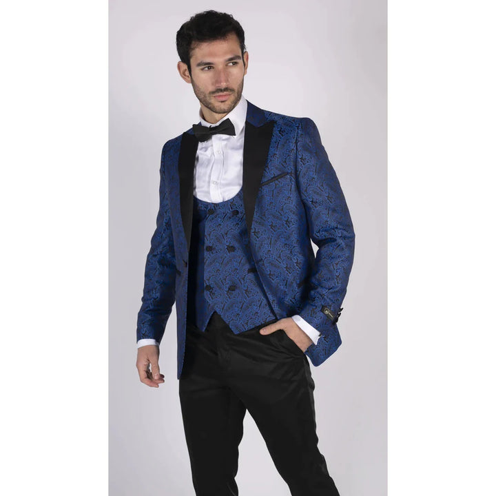 Mens Paisley Satin Blue Tuxedo Blazer & Waistcoat