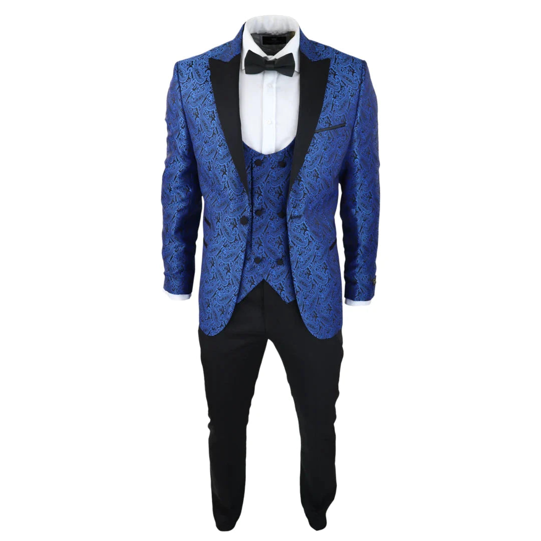 Mens Paisley Satin Blue Tuxedo Blazer & Waistcoat