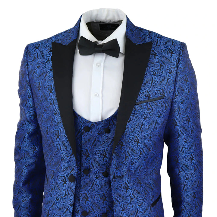 Mens Paisley Satin Blue Tuxedo Blazer & Waistcoat