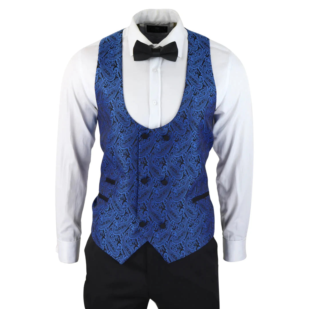 Mens Paisley Satin Blue Tuxedo Blazer & Waistcoat