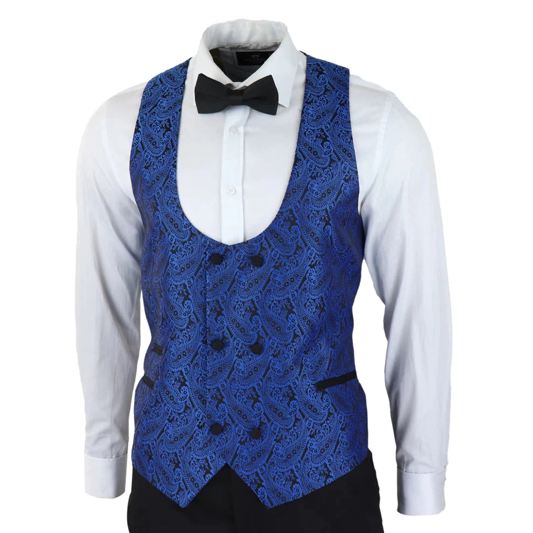 Mens Paisley Satin Blue Tuxedo Blazer & Waistcoat