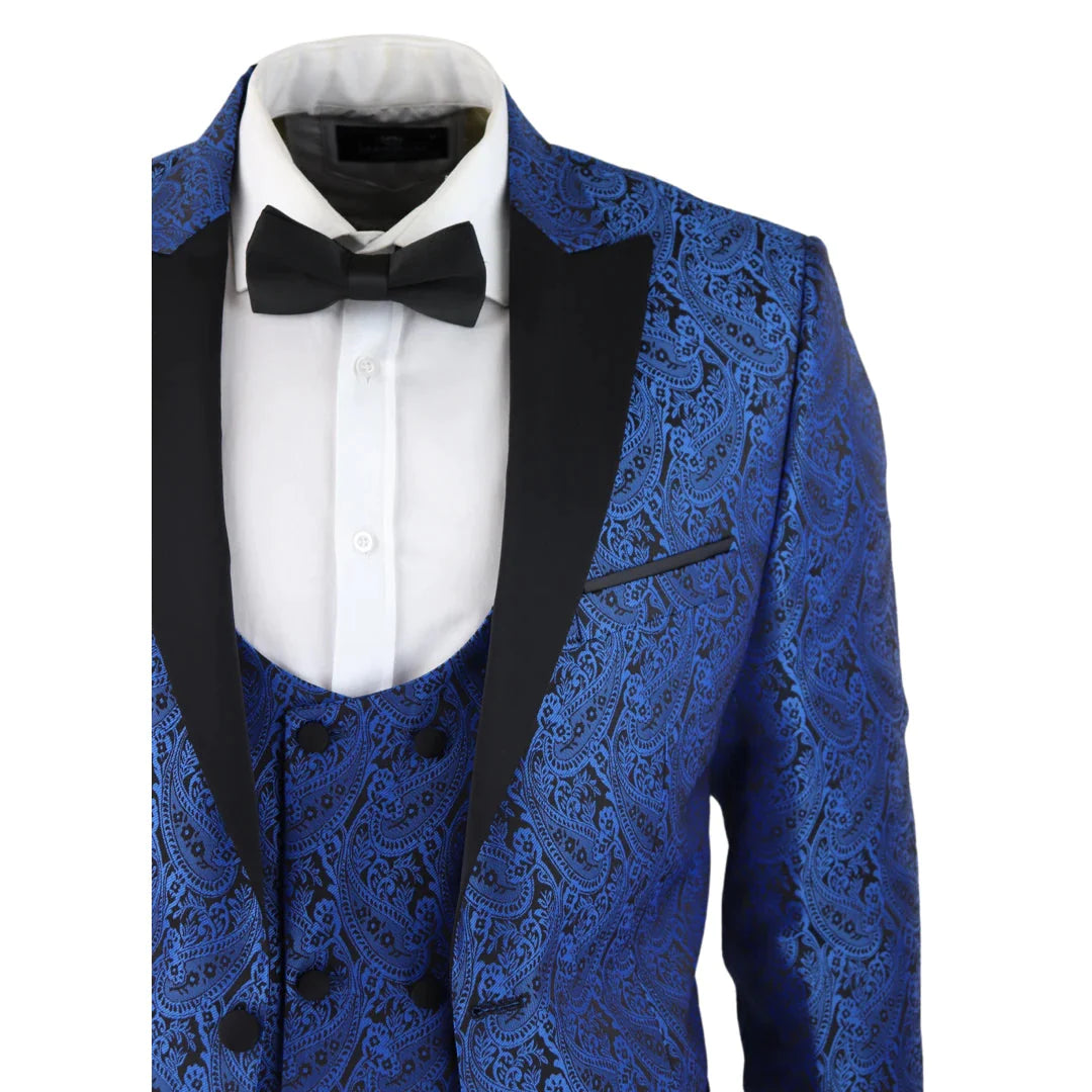 Mens Paisley Satin Blue Tuxedo Blazer & Waistcoat