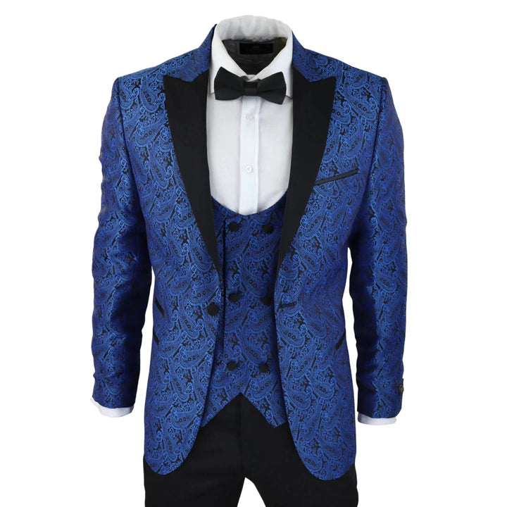 Mens Paisley Satin Blue Tuxedo Blazer & Waistcoat