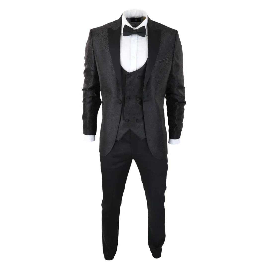 Mens Paisley Tuxedo Blazer And Waistcoat Brocade Dinner Jacket Satin Black Fit