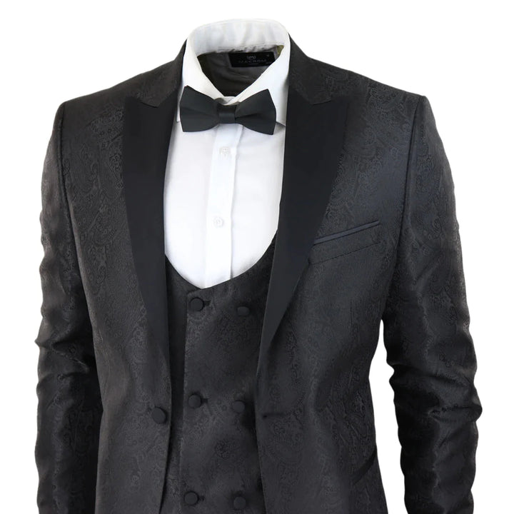 Mens Paisley Tuxedo Blazer And Waistcoat Brocade Dinner Jacket Satin Black Fit