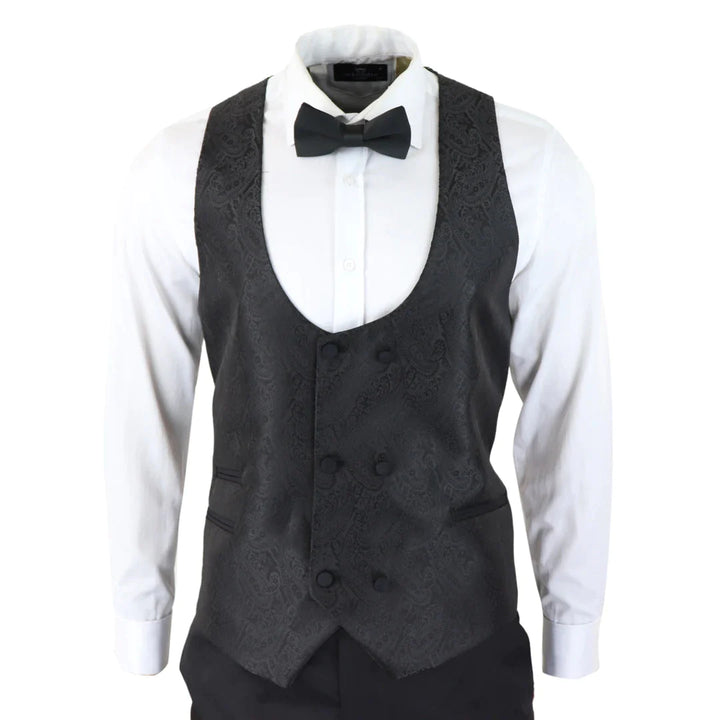 Mens Paisley Tuxedo Blazer And Waistcoat Brocade Dinner Jacket Satin Black Fit