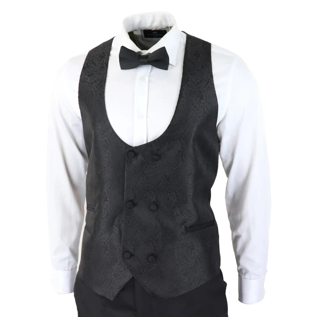 Mens Paisley Tuxedo Blazer And Waistcoat Brocade Dinner Jacket Satin Black Fit