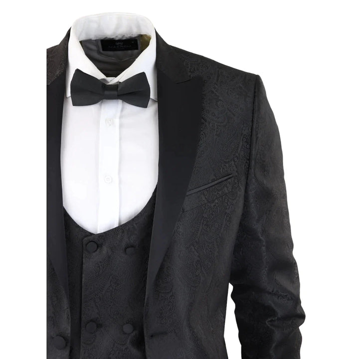 Mens Paisley Tuxedo Blazer And Waistcoat Brocade Dinner Jacket Satin Black Fit