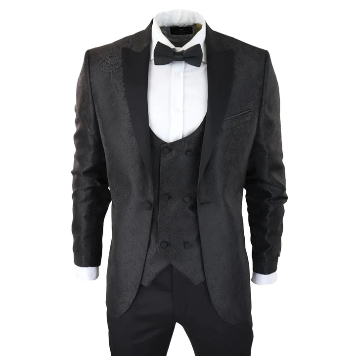 Mens Paisley Tuxedo Blazer And Waistcoat Brocade Dinner Jacket Satin Black Fit