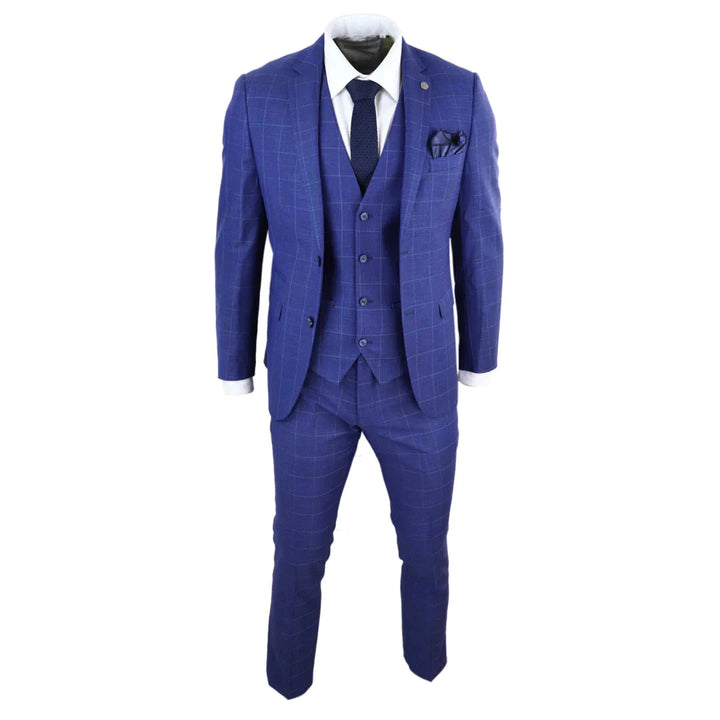 Mens Royal Blue 3 Piece Check Suit - Paul Andrew Rover