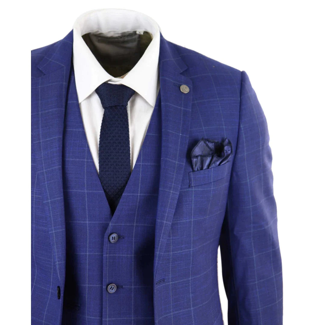 Mens Royal Blue 3 Piece Check Suit - Paul Andrew Rover