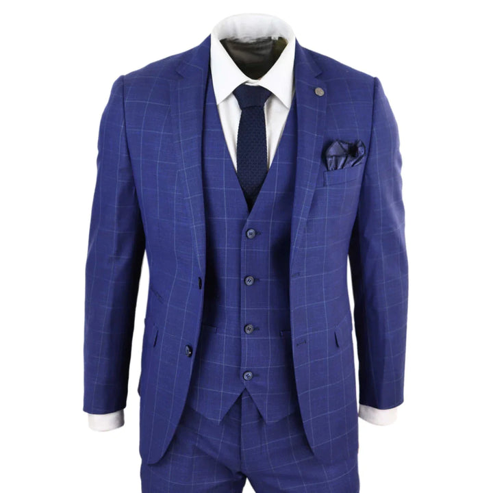 Mens Royal Blue 3 Piece Check Suit - Paul Andrew Rover